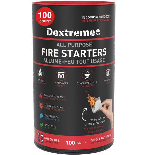 Dextreme Quick Instant Fire Starter - Waterproof All-Purpose Indoor & Outdoor Firestarter, for Charcoal Starter, Campfire, Fireplace, BBQ, Survival and Wood Stove (100 Pcs Tube)