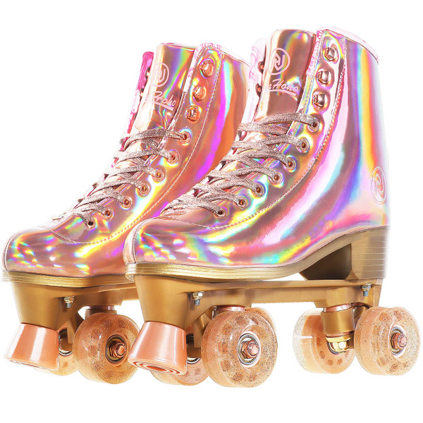 JajaHoho Roller Skates for Women, Holographic High Top PU Leather Rollerskates, Shiny Double-Row Four Pink Glitter Wheels Quad Skates for Girls and Age 8-50 Indoor Outdoor (Size 2, Rose Gold) JajaHoho Roller Skates for Women, Holographic High Top PU Leather Rollerskates, Shiny Double-Row Four Pink Glitter Wheels Quad Skates for Girls and Age 8-50 Indoor Outdoor (Size 2, Rose Gold)