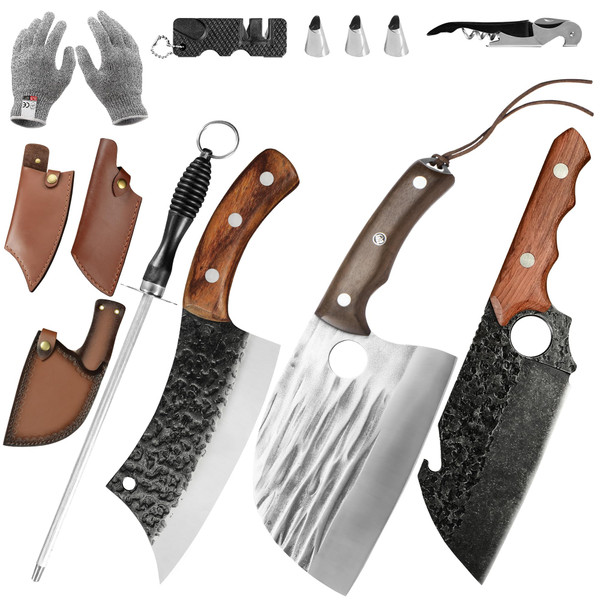 FULLHI Butcher Knife Set with Kitchen Shears, Hand Forged Chef Boning Knife With Scissors High Carbon Steel Carving Fish Chef Knife For Kitchen, Camping, BBQ FULLHI Butcher Knife Set with Kitchen Shears, Hand Forged Chef Boning Knife With Scissors High Carbon Steel Carving Fish Chef Knife For Kitchen, Camping, BBQ