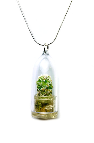 MICRO LANDSCAPE DESIGN Live Wearable Cactus Necklace Miniature White Cactus Necklace Nature Terrarium Necklace