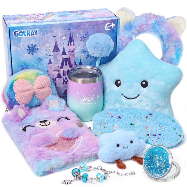 Golray Gifts for Girls Age 6 7 8 9 10, Girls Toys Gift Set with Cute Fuzzy Bear Diary with Lock & Pen, Light Up Star Pillow, Water Cup & Fluffy Accessories, Christmas Birthday Gift for Girl Age 6+