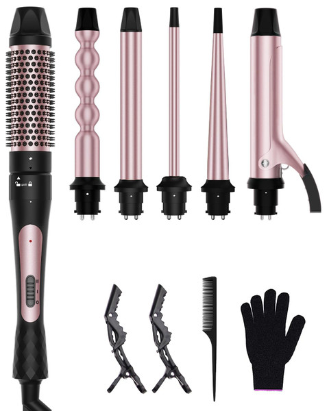 6 in 1 Curling Iron, Curling Wand Set with Thermal Brush (1.5inch) & 1inch Bubble Wand Curler and 3 Interchangeable Ceramic Barrel (0.35"-1.25"), Instant Heat Up with Comb & Protective Glove & 2 Clip