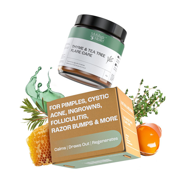 MyMagicHealer Thyme & Tea Tree Flare Care | Ingrown Hair, Razor Bumps, Cystic Acne, Blind Pimples, Bartholin, Pilonidal Cysts | Folliculitis Cure | Piercing Care w/Egg Yolk Extract & Tea Tree 4 oz