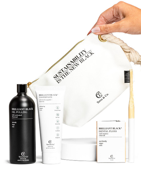 Terra & Co. Brilliant Black Teeth Whitening Kit for Healthy Teeth and Gums | Oil Pulling, Bamboo Charcoal Dental Floss, and Charcoal Tooth Paste | Vegan and Cruelty-Free