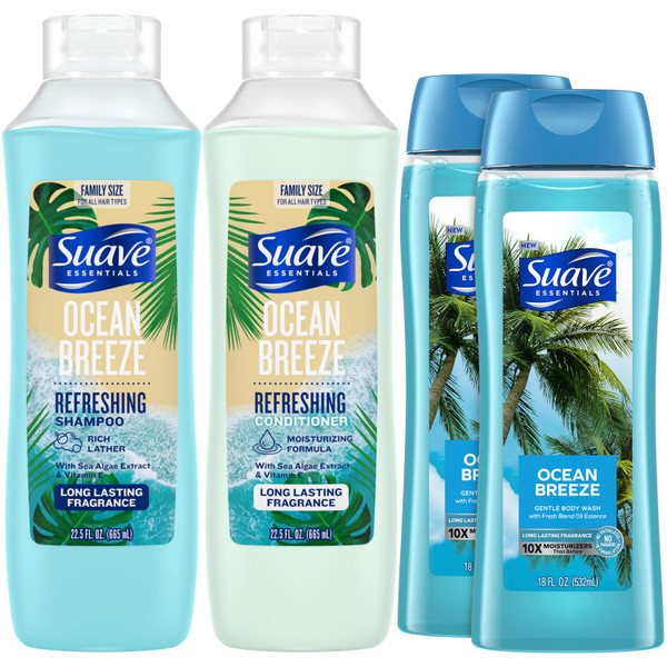 Suave Body Wash 2-Pack + Refreshing Shampoo & Conditioner, Ocean Breeze – Gentle Body Care & Hair Care Set with Vitamin E, Cruelty Free (4 Piece Set)