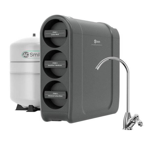 AO Smith High-Efficiency Reverse Osmosis with SmartFlow™ Technology - Under Sink RO Water Filtration System w/Faucet & Compact Tank- Filters Chlorine & Other Contaminants - Chrome - AOS-Hero-CHR