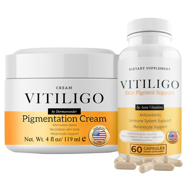 Dermawonder Vitiligo Supplement & Pigmentation Cream Set | 60 Vitiligo Capsules and 4fl Oz Cream | Reduce White Spots, Improve Skin Pigmentation & Neutralize Skin Tone | Natural Solution (1) Dermawonder Vitiligo Supplement & Pigmentation Cream Set | 60 Vitiligo Capsules and 4fl Oz Cream | Reduce White Spots, Improve Skin Pigmentation & Neutralize Skin Tone | Natural Solution (1)