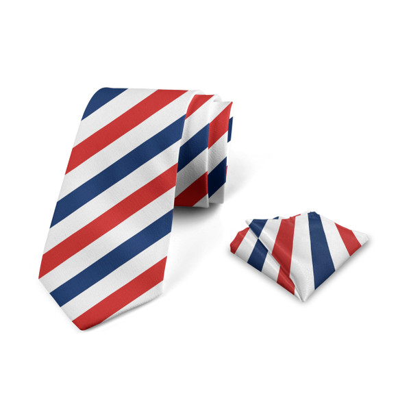 Ambesonne Harbour Stripe Men's Tie Set, Vintage Barber Pole Helix of Colored Stripes Medieval Contrast Design, Necktie Set Groom Handkerchief for Parties Weddings & All Occasions, Blue Red White