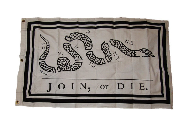 AES 3x5 Embroidered Sewn Join Or Die Benjamin Franklin White Cotton Flag 3'x5' (100% Cotton) AES 3x5 Embroidered Sewn Join Or Die Benjamin Franklin White Cotton Flag 3'x5' (100% Cotton)