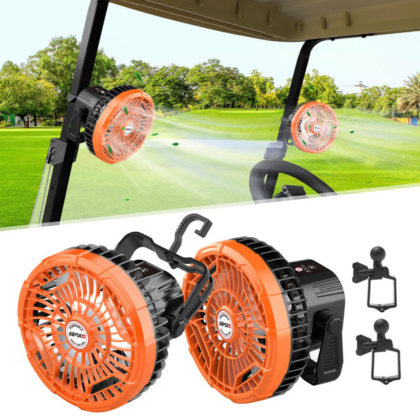 AIPSET Rechargeable Golf Cart Fan, 10400mAh Battery, 3-Speed, LED Light, 36 Hrs Work, Remote Control, Hang Hook, USB & Type C Port, Orange