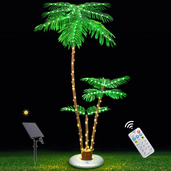 OUSHENG Solar Lighted Palm Tree for Outside Patio, 6' 3 Trunks Outdoor Christmas Decoration Decor, Light Up LED Artificial Trees Lights for Bar Home Party Yard Pool Porch Deck Tropical OUSHENG Solar Lighted Palm Tree for Outside Patio, 6' 3 Trunks Outdoor Christmas Decoration Decor, Light Up LED Artificial Trees Lights for Bar Home Party Yard Pool Porch Deck Tropical