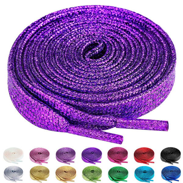 Olukssck 2 Pairs Flat Glitter Shiny Metallic Shoe Laces for Sneakers, 2/5" Wide Sequin Athletic Shoelaces Dark Purple 55 inch(140cm)