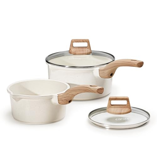 CAROTE 1.5Qt & 3.0Qt Sauce Pan Sets with Lid Cooking Pots Nonstick Saucepans Cookware Set with Pour Spout Small Kitchen Pot, Induction Comptable, Easy to Clean, PFOA FREE (White Granite)