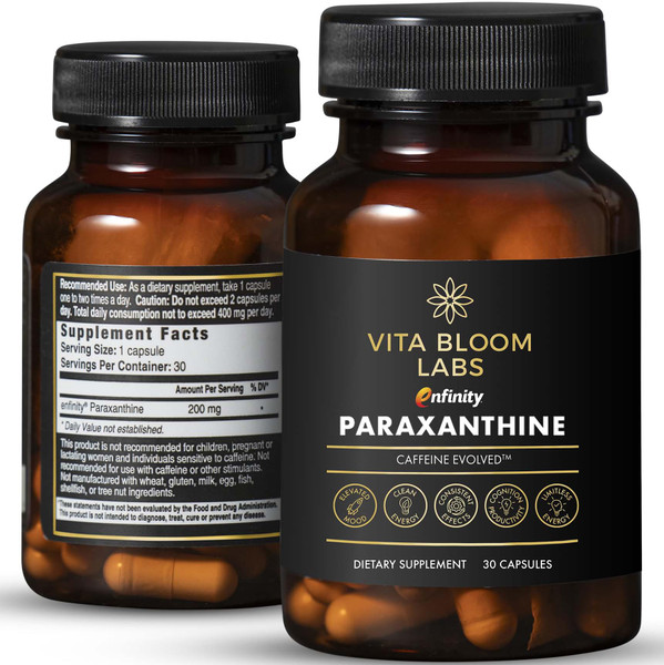 Vita Bloom Labs Enfinity Paraxanthine Capsules, Clean Energy & Focus, Caffeine Alternative | 200 mg per Capsule | 30 Capsules per Bottle | Formulated in USA, GMP Certified, Non-GMO, Kosher