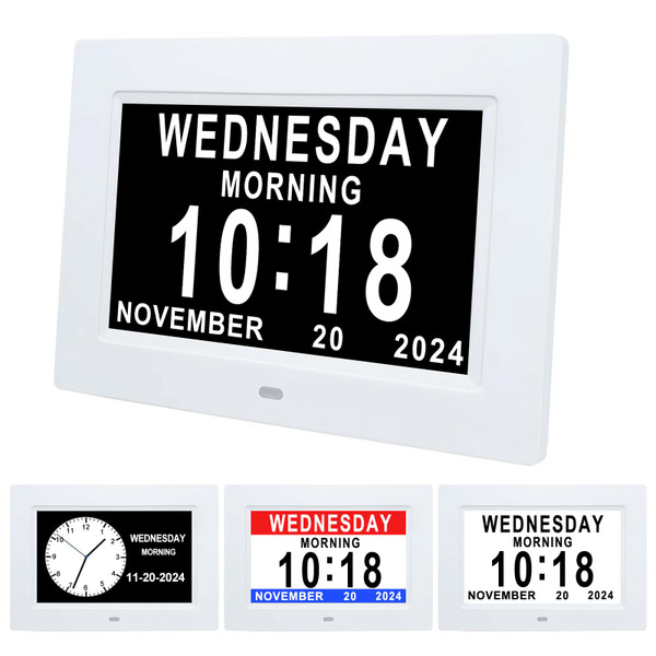 Johnziny 7 Inch Digital Clock with Day and Date for Elderly Large Display for Elderly Dementia Clock Customizable Alarms, 12 Alarms,4 Colors Display Digital Calendar Alarm Clock (White) Johnziny 7 Inch Digital Clock with Day and Date for Elderly Large Display for Elderly Dementia Clock Customizable Alarms, 12 Alarms,4 Colors Display Digital Calendar Alarm Clock (White)