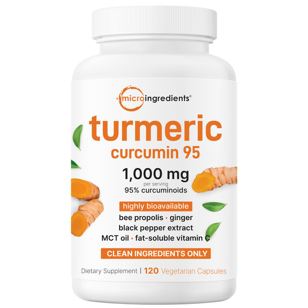 Pure Turmeric Curcumin Supplement 1,000mg | 95% Curcuminoids | 120 Veggie Capsules with Bee Propolis, Ginger, MCT Oil, Fat Soluble Vitamin C, & Black Pepper for Better Absorption | Filler Free