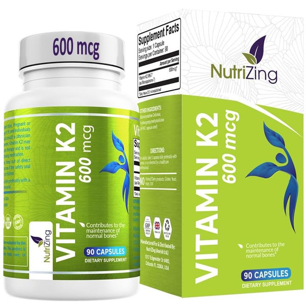 NutriZing K2 Vitamin Supplement MK-7 - High Strength 600mcg - Supports Bone & Arterial Health - 90 Vegan Capsules - Vitamin K2 for Men & Women - 3 Month Supply
