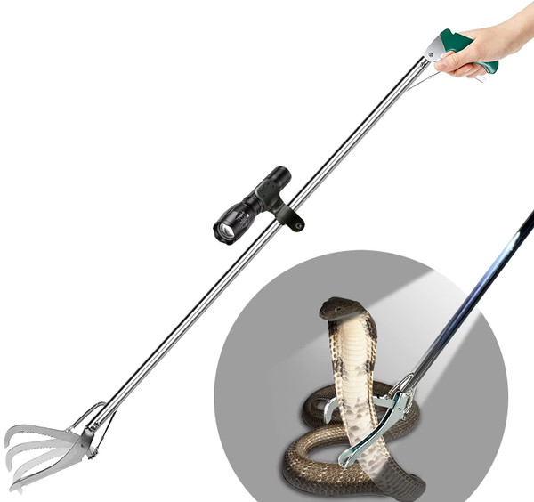 IC ICLOVER 47" Professional Snake Tongs, with Flashlight for Night Use, Heavy Duty Reptile Grabber Tool Rattle Snake Catcher, Professional Wide Jaw Snake Handling Tool with Lock, Non-Slip Grip Handle