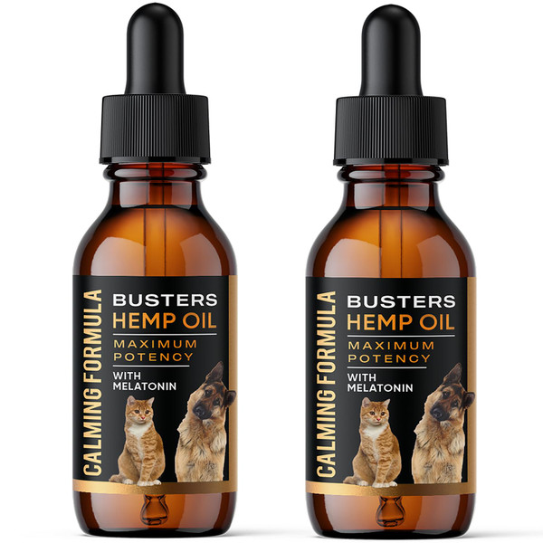 Busters 2Pack Calming Hemp Oil for Dogs, Cats, Infused with MELATONIN, Sleep Support, Soothing, Natural Relief, Ideal Omega Ratio, Adrenal Support (Calming Formula 2-Pack)