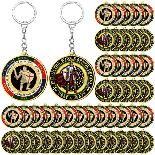 Sureio Christian Put on the Armor of God Religious Gifts for Men Bulk Keychain Military Knight Church Dog Tag Favor Gift(48 Pcs,Round)