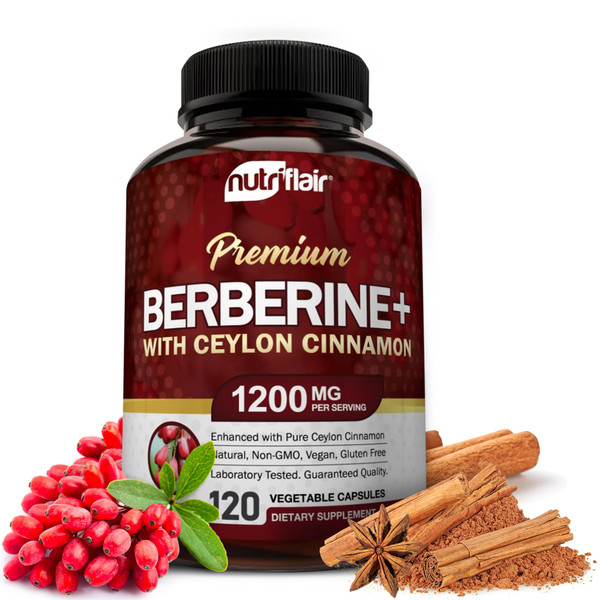 NutriFlair Premium Berberine HCL 1200mg, 120 Capsules - Plus Pure True Ceylon Cinnamon, Berberine HCI Root Supplements Pills - Immune System - yields an Optimal 8% HCl