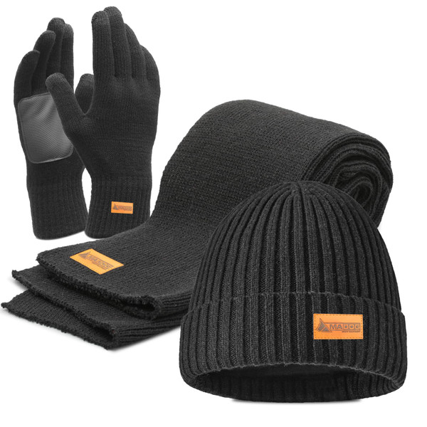 MADOG Winter Warm Knit Synthetic Wool Beanie Hat Scarf Touchscreen Gloves Set Long Neck Scarf Set with Fleece Lined Skull Caps Gifts for Women Men (Black)