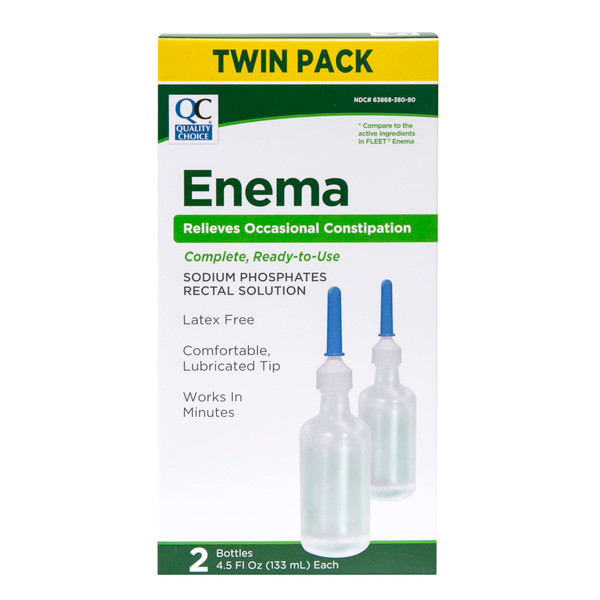 Quality Choice Enema Twin Pack, Relieves Occasional Constipation, Complete & Ready to Use, Sodium Phosphates Rectal Solution, Latex Free, Comfortable Lubricated Tip, Each Pack Contains 2 Bottle