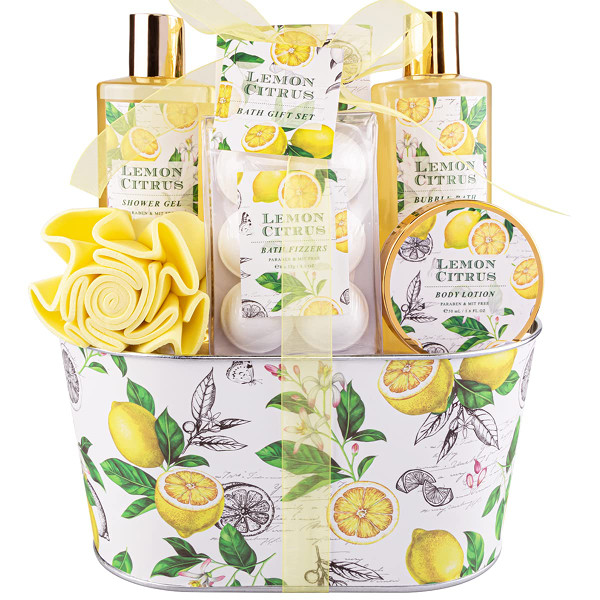 Bath Gift Set, Lemon Citrus Spa Gift Basket for Women, Includes Shower Gel, Bubble Bath, Body Lotion, Bath Frizzes 8 Pcs, Great Gift Idea for Her Birthday