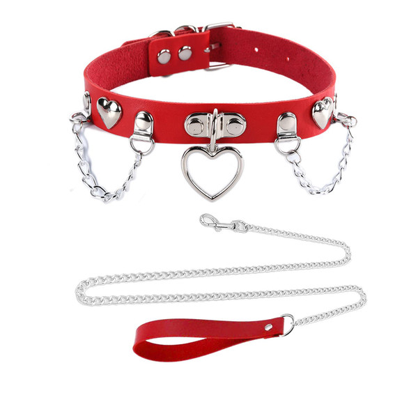 Tosmifairy Heart Studded and Chains Charm Collar Choker Necklace with Detachable Chain Leash for Dogs Pet Halloween Cosplay (Red)