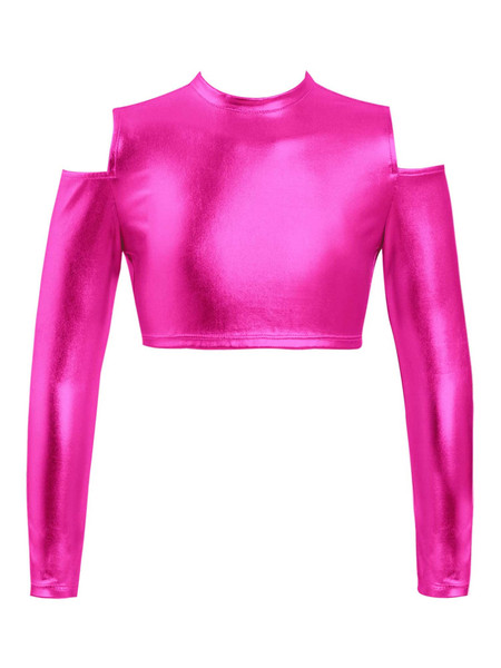 Aislor Girls Shiny Metallic Crop Top Kids Long Sleeve Tank Top Dance Leotard for Jazz Hip Hop Dancing Performance Hot Pink 10 Years