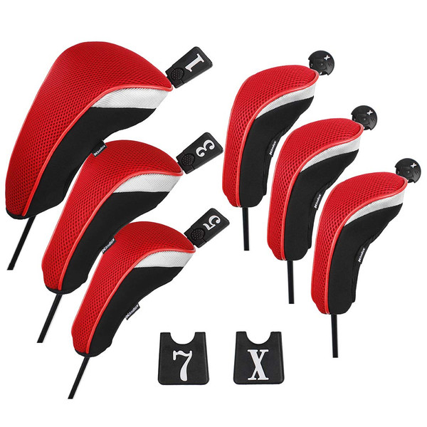 Andux 6pcs/Set Golf Club Head Covers Woods Driver Fairway Hybrid Set (3 Hybrids + 3 Woods) Black/Red