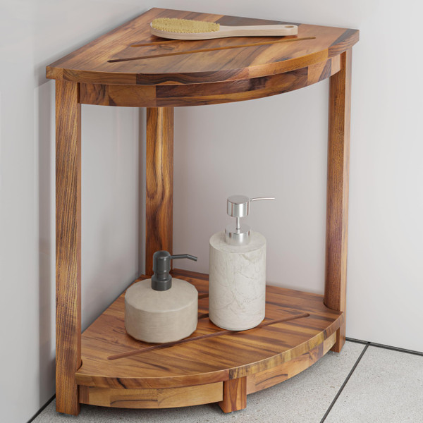 HOLANA 18" Teak Corner Shower Stool for Inside Shower – Teak Corner Shower Bench with Storage Shelf – Shower Foot Rest and Shower Stool for Shaving Legs – Compact Teak Shower Stool for Indoor Use
