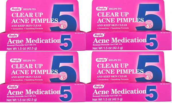 Rugby Acne Medication - Benzoyl Peroxide Gel USP 5% - Vanishing Formula - Greaseless - Helps to Clear Up Acne Pimples - 1.5 Oz. (4 Pack)
