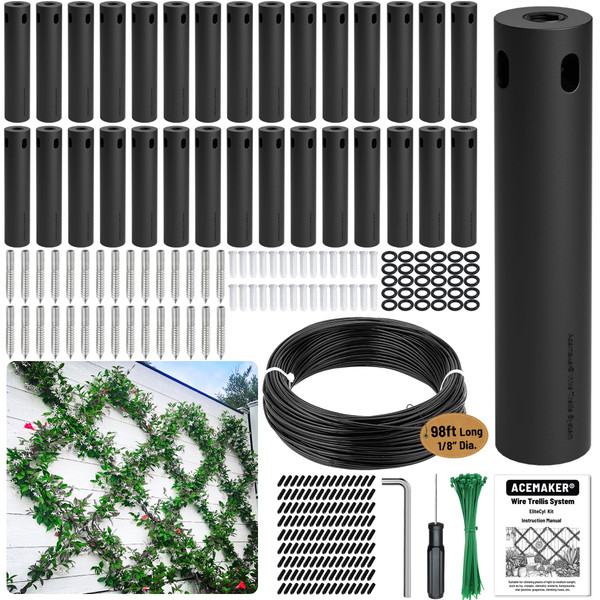 Acemaker Wire Trellis for Climbing Plants Outdoor, 30-Set Black ABS Plastic Wall Wire Trellis Kit with 1/8" x 98ft Vinyl Coated Cable, Stainless Steel Cable Espalier System for Garden Fence