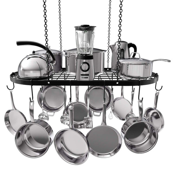 Vdomus Heavy-Duty Hanging Pot Rack - 33x17 Inches - Stylish Black Alloy Steel Ceiling Storage with 15 Hooks - Organize Kitchen Cookware and Utensils - Space-Saving Mounted Overhead Holder