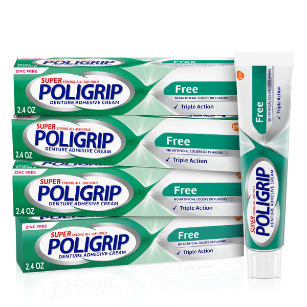Super Poligrip Zinc Free Denture and Partials Adhesive Cream, 2.4 ounce (Pack of 4)