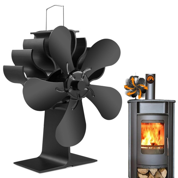 PYBBO Heat Powered Fireplace Fans, Non Electric Heat Activated Thermal Fan 5 Blades Wood Stove Fan for Wood Burning/Pellet Stove/Log Burner with Magnetic Thermometer