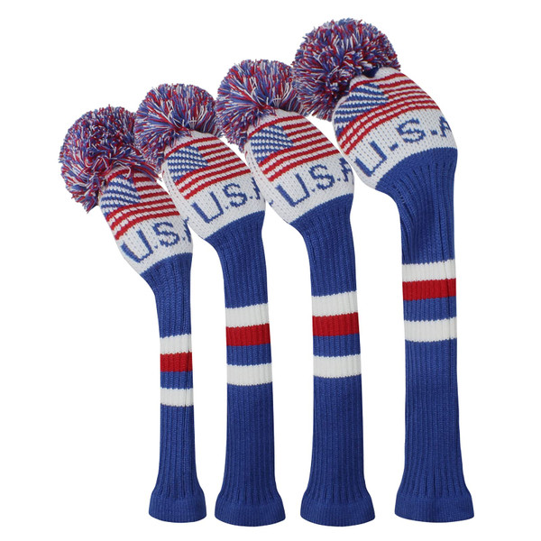 Scott Edward USA Flag Patriotic Golf Club Covers Set of 4 Driver*1 Fairway*2 Hybrid/UT*1 Anti-Pilling Anti-Wrinkle Washable Acrylic Yarn Knit Golf Club Head Covers for Golfers