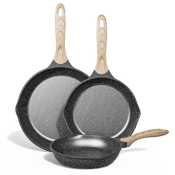 JEETEE Nonstick Frying Pans Set, Nonstick Omelette Skillet Set 3 Pcs, 8" 9.5" 11" Granite Non-Stick Frying pan with Bakelite Handle, Compatible with All Stovetops (Gas, Electric & Induction), Grey