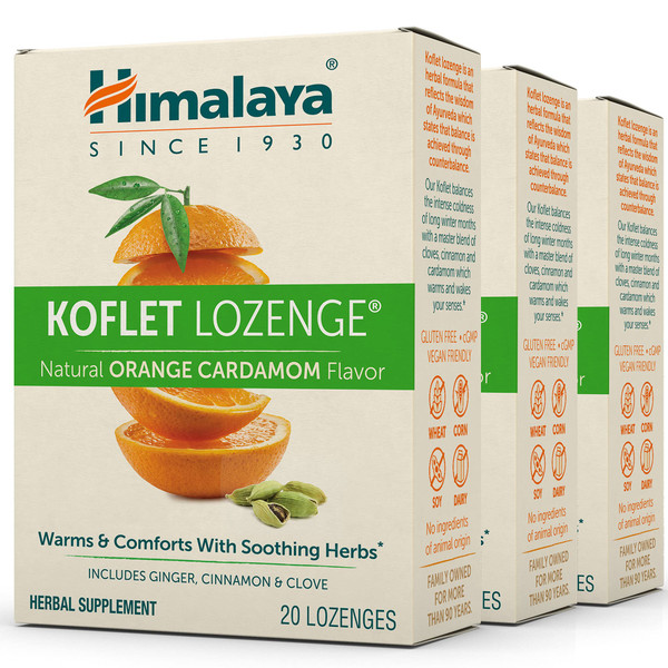 Himalaya Koflet Lozenges, Orange Cardamom Flavor, Natural Herbal Cough Drop for Warming Relief and Soothing Throat Comfort, 130 mg, 20 Lozenges, 3 Pack