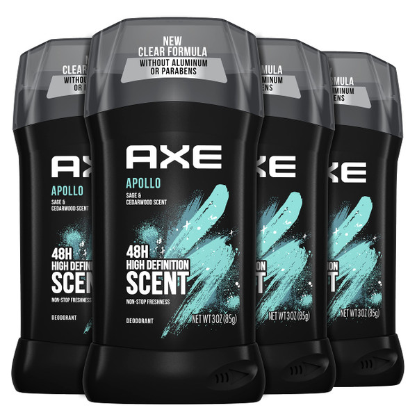 AXE Apollo Deodorant Stick 4 Count For Long Lasting Odor Protection, Sage And Cedarwood Men's Deo, Aluminum Free 3oz