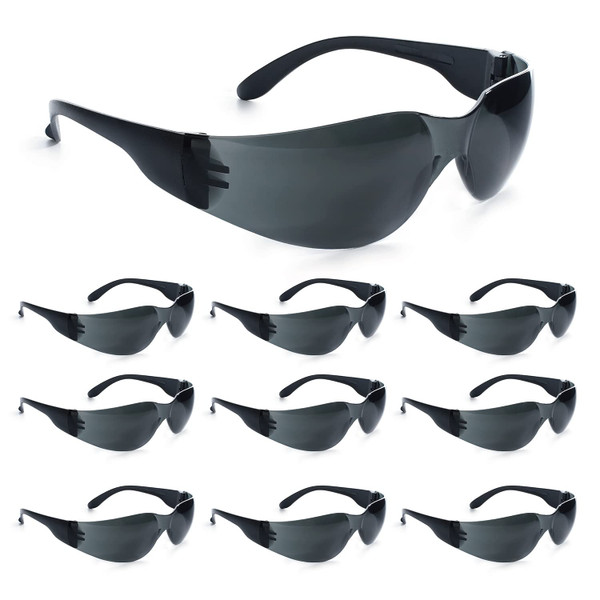 amoolo Tinted Safety Glasses Bulk of 24, Protective Safety Sunglasses, Dark Smoke Lenses for UV Protection, ANSI Z87.1 Impact Resistant Eye Protection for Work, Lab, Construction