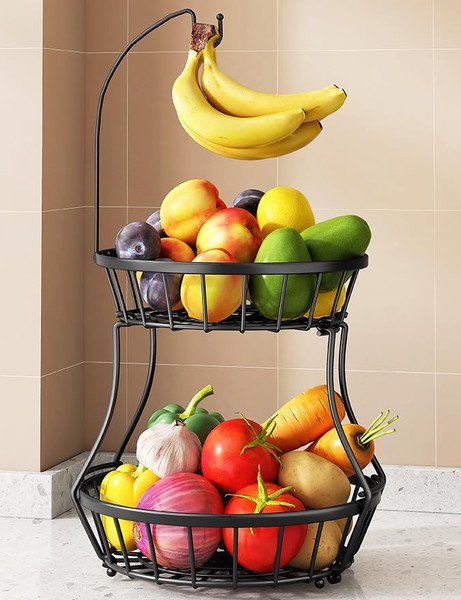 2-Tier Fruit Basket Bowl Stackable Vegetable Storage with Banana Tree Hanger Stand for Kitchen Countertop, Metal Wire Basket for Bread Onions Potatoes Black