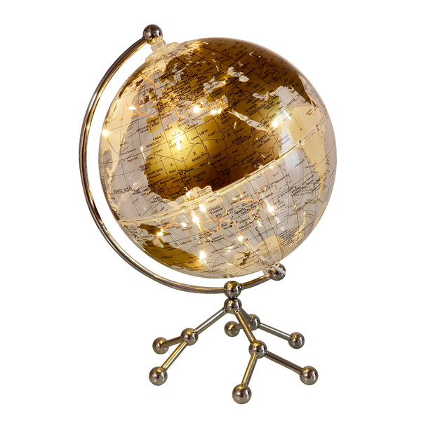 8'' World Globe, Clear Metal Globe with Built-in Gypsophila LED Strip for Home Decor, Office Desktop, Study Education and Night Light (Gold)