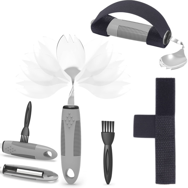 PKPKAUT 2 in 1 Frok/Spoon for Hand Tremors, Adaptive Handicap Spoon for Parkinsons Patients, Parkinson Curved Spoon for Shaking Hands, Liftware Angled Arthritis Spoon for Adults Disabled Elderly