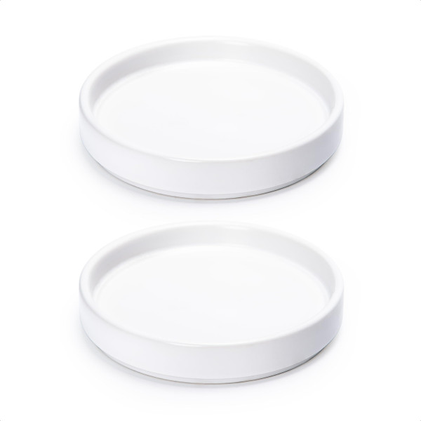 D'vine Dev Modern Round 5.4 Inch Ceramic Plant Pot Saucer, Planter Pot Drainage Tray for Indoor Plants, Set of 2, Matte White, 97-T-A-22