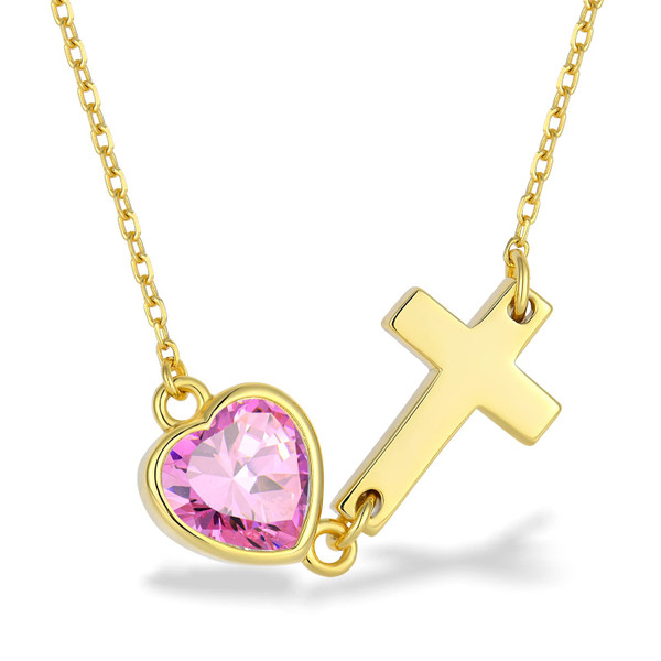 RGEMCY Sideways Cross Necklace for Women -18K Gold Plated 925 Sterling Silver Heart Birthstone Pink Faith Pendant Necklace Mother's Day Birthday Jewelry Gifts