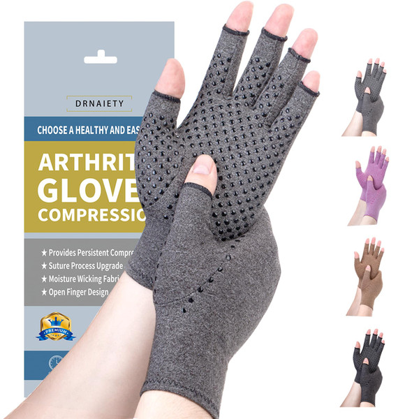 DRNAIETY Arthritis Compression Gloves- for Men & Women Hand Pain, Anti-Slip Fingerless Gloves for Typing Daily Work (M, Grey)