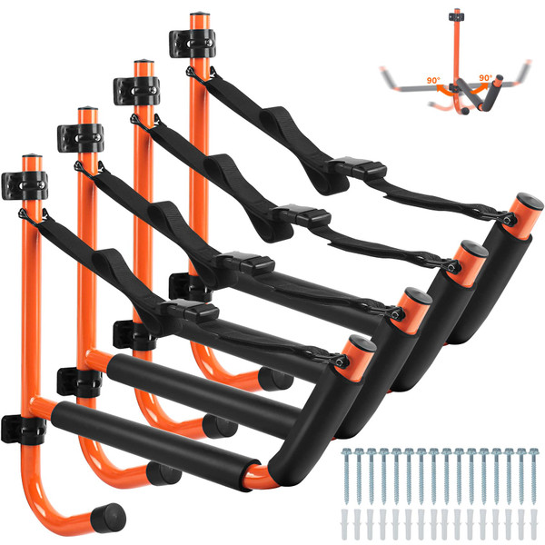 VEITHI 4 Pack Kayak Storage,15” Folding Kayak Storage Rack,Max Load 100 LBS Swivel Kayak Storage Hooks,Kayak Wall Mount fit Indoor Outdoor-Kayak Hanger for Any Sized Kayaks,Canoes Boat（Orange