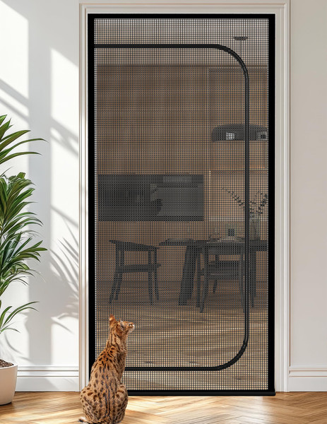 BFNN Cat Screen Door, Extra Tall Cat-Proof Mesh Gate, Fit Door Size 30'' x 80'', Anti Scratch Mesh with Zipper Closure, for Living Room, Kitchen, Bedroom (Black)